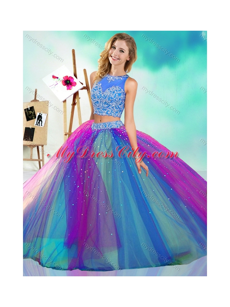 Rainbow Colored Big Puffy Detachable Quinceanera Dress with See Through