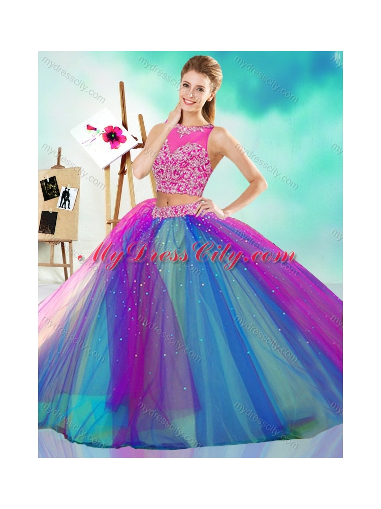 Rainbow Colored Big Puffy Detachable Quinceanera Dress with See Through