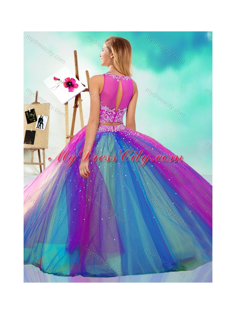 Rainbow Colored Big Puffy Detachable Quinceanera Dress with See Through