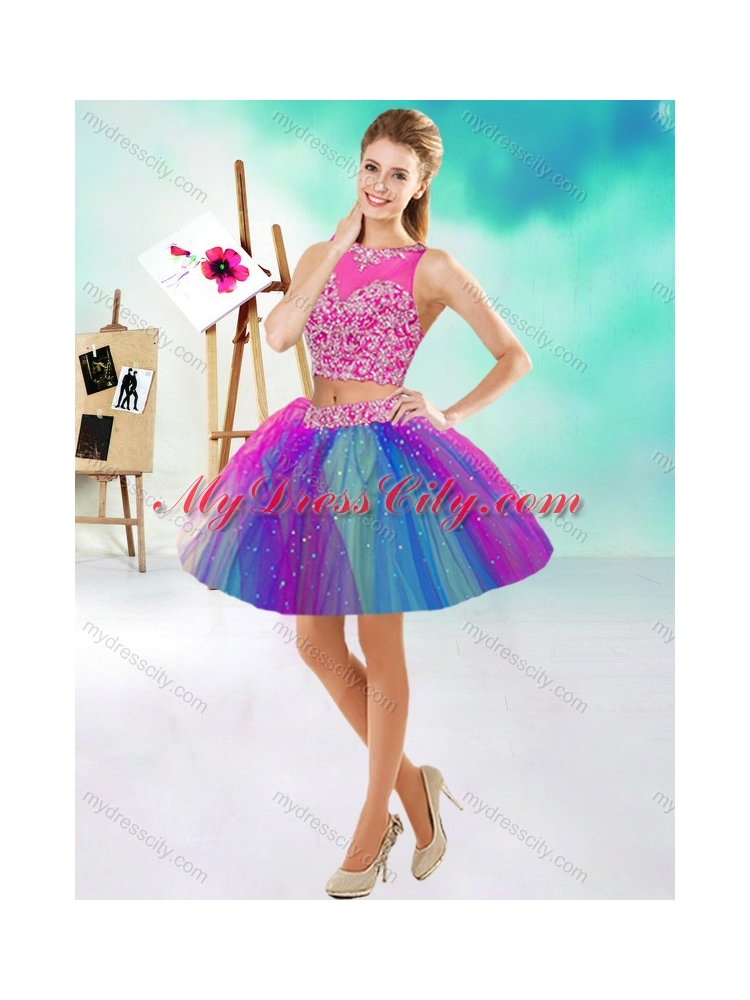 Rainbow Colored Big Puffy Detachable Quinceanera Dress with See Through