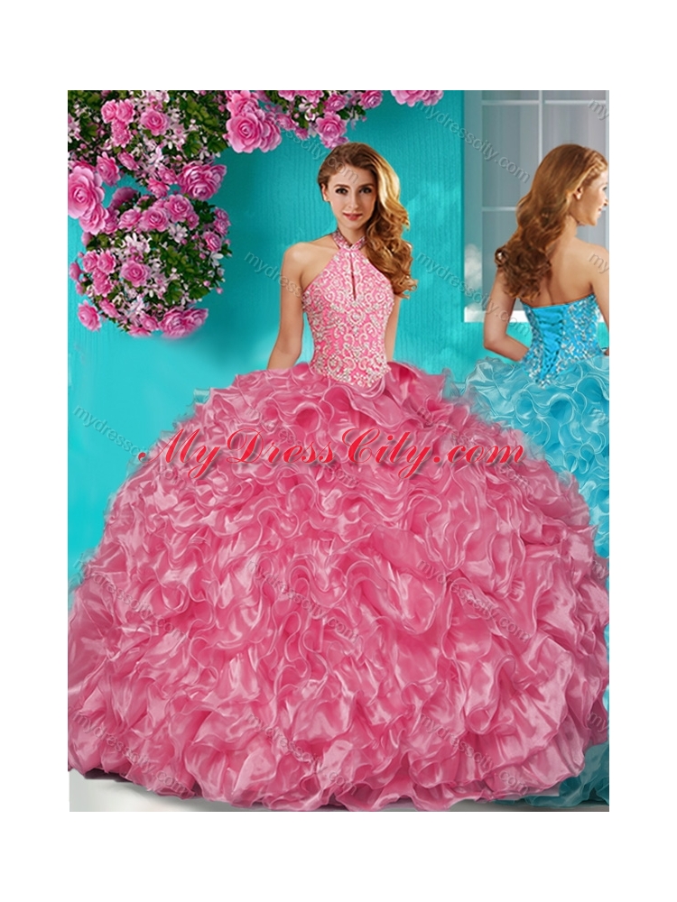 Sophisticated Halter Top Puffy Skirt Quinceanera Dress in Beading and Ruffles