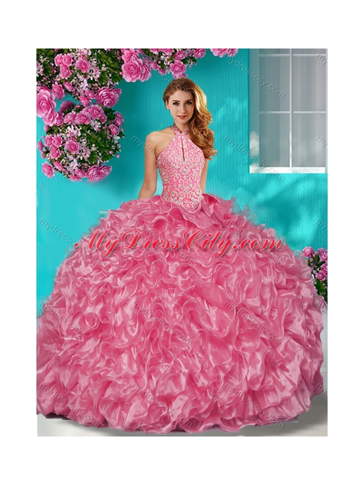 Sophisticated Halter Top Puffy Skirt Quinceanera Dress in Beading and Ruffles