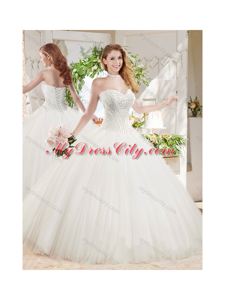 White Ball Gown Sweetheart Court Train Beaded Quinceanera Dress in Tulle