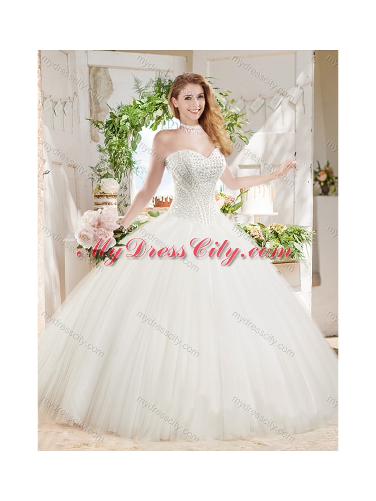 White Ball Gown Sweetheart Court Train Beaded Quinceanera Dress in Tulle