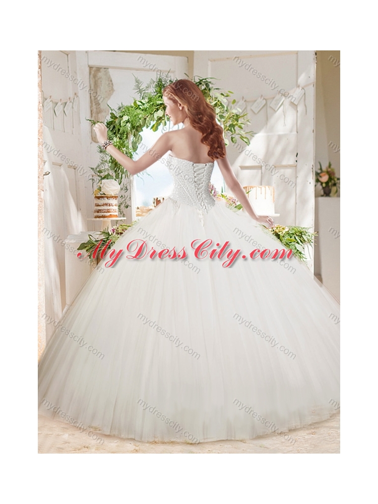 White Ball Gown Sweetheart Court Train Beaded Quinceanera Dress in Tulle