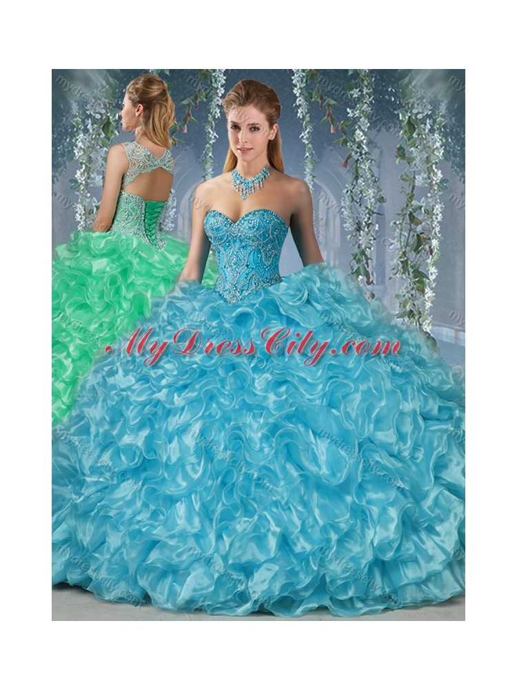 Gorgeous Beaded and Ruffled Big Puffy Quinceanera Dress in Aqua Blue