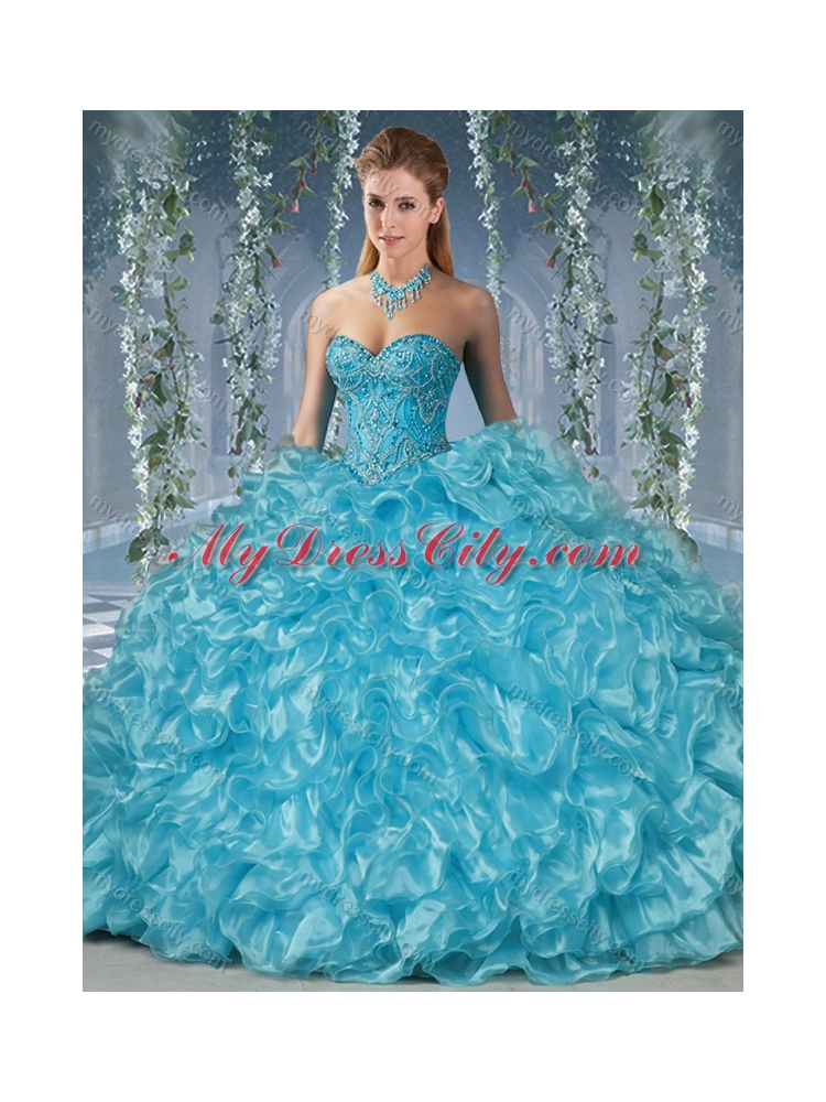 Gorgeous Beaded and Ruffled Big Puffy Quinceanera Dress in Aqua Blue