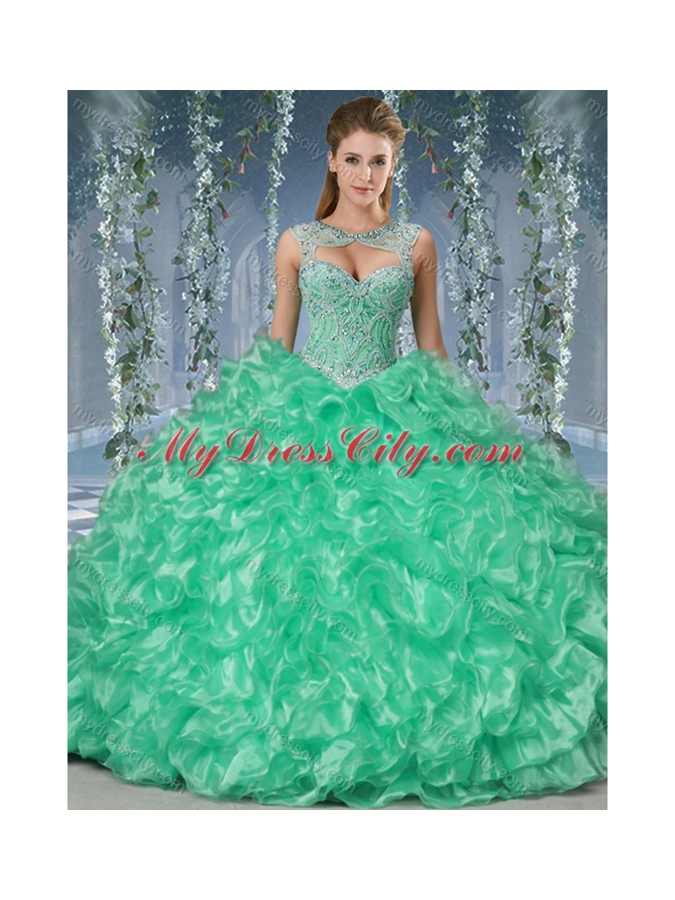 Gorgeous Beaded and Ruffled Big Puffy Quinceanera Dress in Aqua Blue