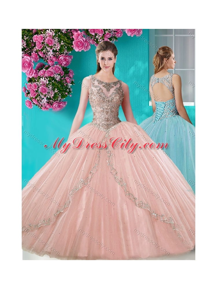 Cheap See Through Scoop Organza Pretty Quinceanera Dress with Beading