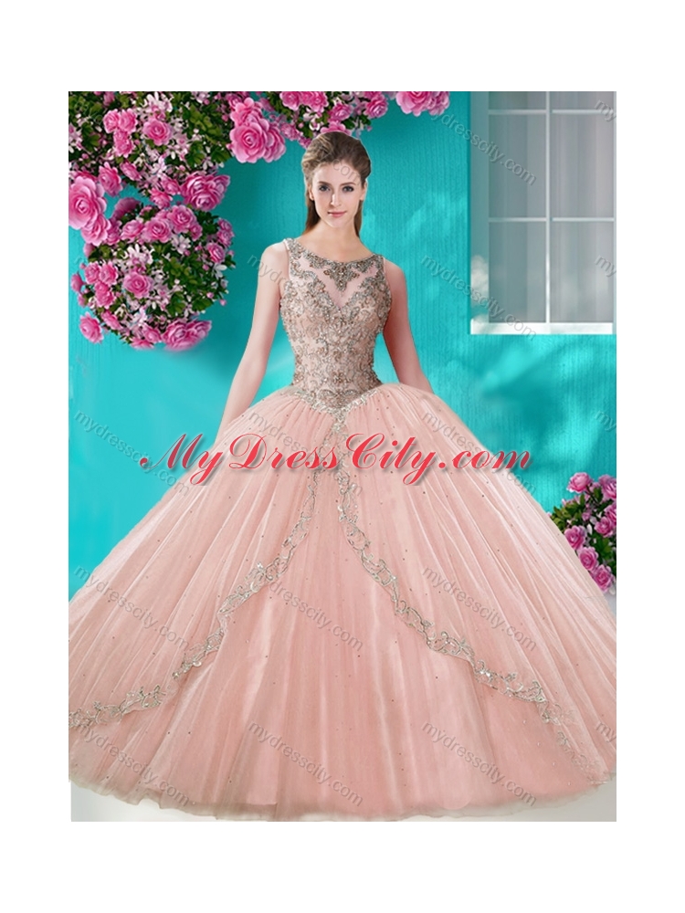 Cheap See Through Scoop Organza Pretty Quinceanera Dress with Beading