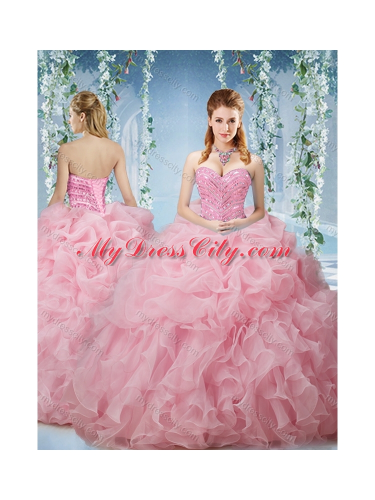 Lovely Baby Pink Brush Train Pretty Quinceanera Dresses Beaded and Ruffled