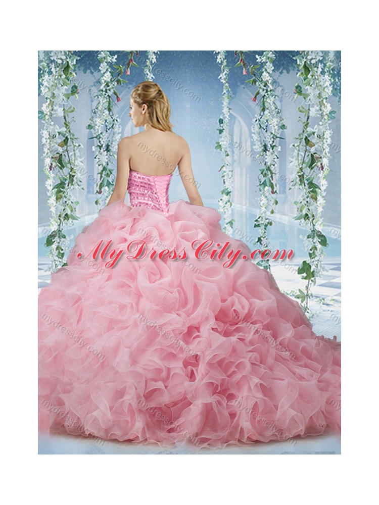 Lovely Baby Pink Brush Train Pretty Quinceanera Dresses Beaded and Ruffled