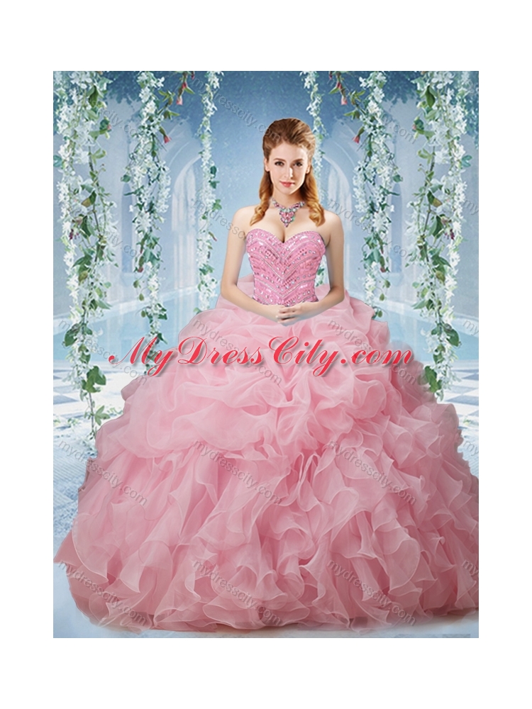 Lovely Baby Pink Brush Train Pretty Quinceanera Dresses Beaded and Ruffled