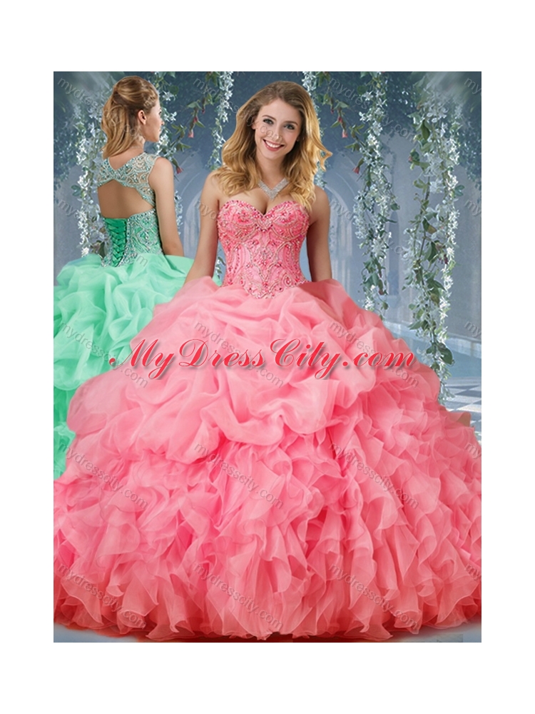 Luxurious Organza Big Puffy Watermelon Pretty Quinceanera Dress with Beading and Ruffles