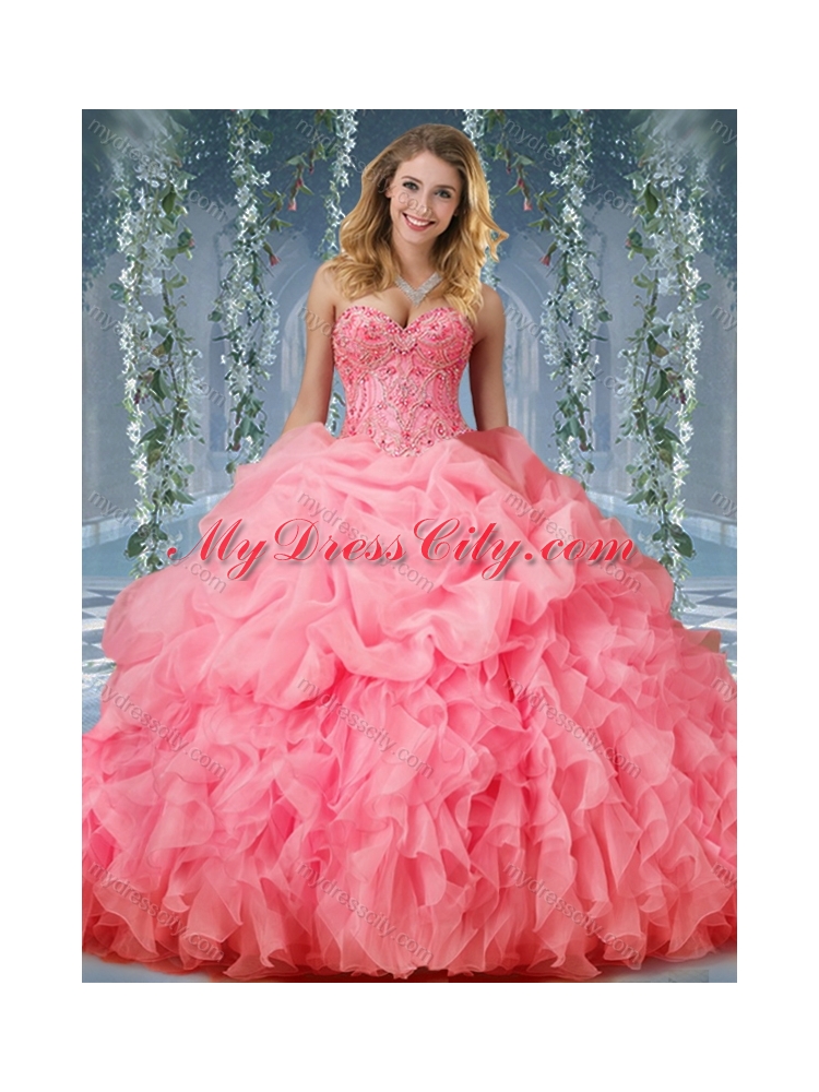 Luxurious Organza Big Puffy Watermelon Pretty Quinceanera Dress with Beading and Ruffles