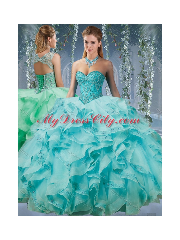 Classical Beaded and Applique Big Puffy Unique Quinceanera Dress in Aqua Blue