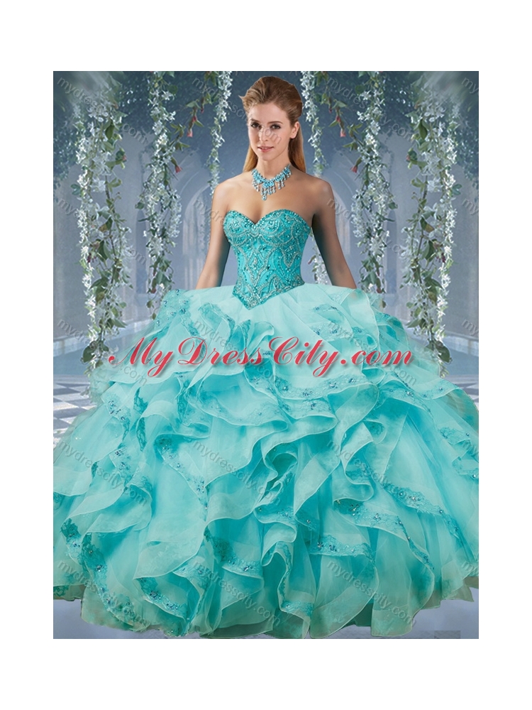 Classical Beaded and Applique Big Puffy Unique Quinceanera Dress in Aqua Blue