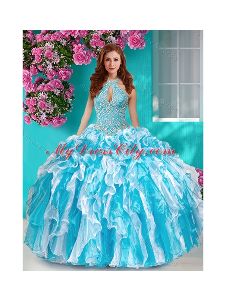 Classical Beaded and Ruffled Halter Top Unique Quinceanera Dress in Baby Blue and White