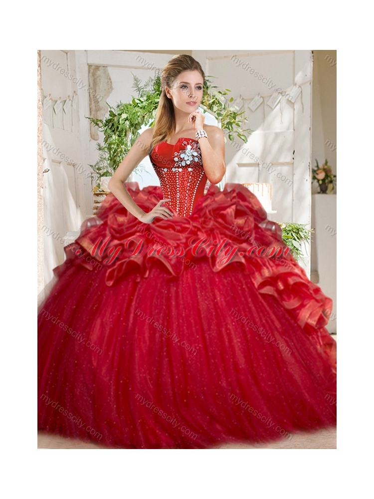 Discount Tulle Beaded and Ruffled Unique Quinceanera Dress in Red