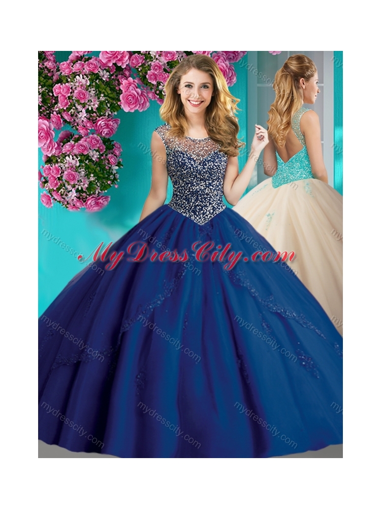 Elegant Beaded and Applique Unique Quinceanera Dress with See Through Scoop