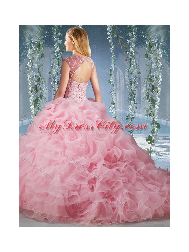 Elegant Brush Train Big Puffy Unique Quinceanera Dress with Beading and Ruffles