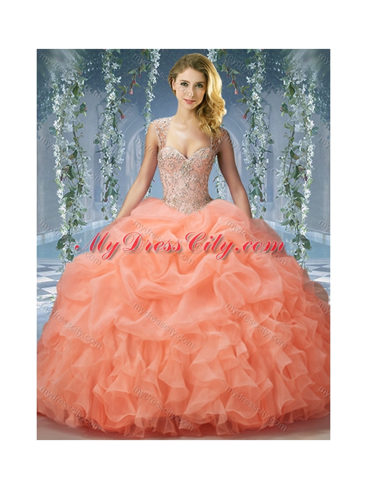 Elegant Brush Train Big Puffy Unique Quinceanera Dress with Beading and Ruffles