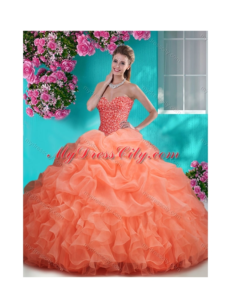 Flirting Brush Train Really Puffy Unique Quinceanera Dress with Beading and Ruffles