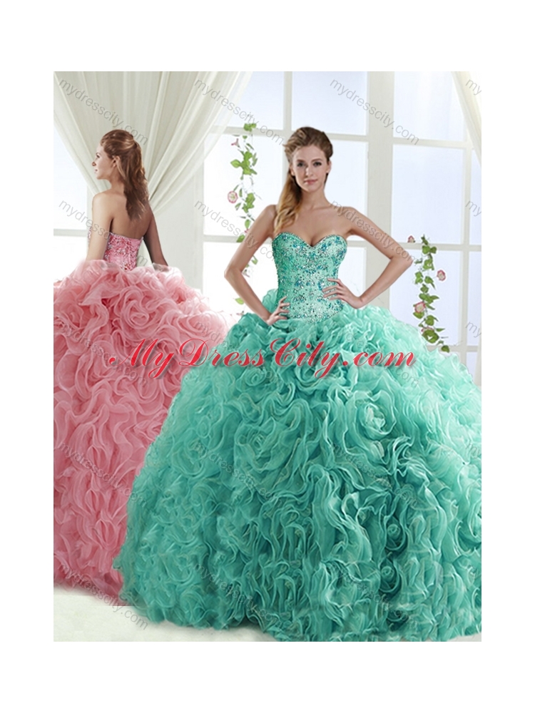 Gorgeous Beaded Brush Train Detachable Unique Quinceanera Dress with Rolling Flower