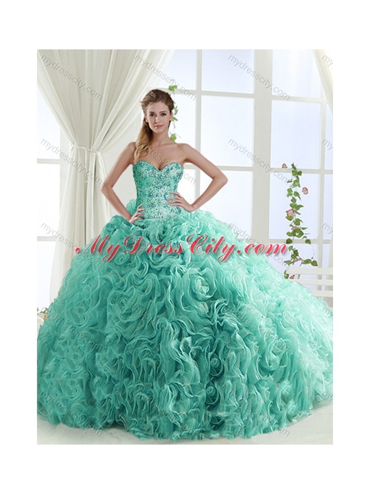 Gorgeous Beaded Brush Train Detachable Unique Quinceanera Dress with Rolling Flower