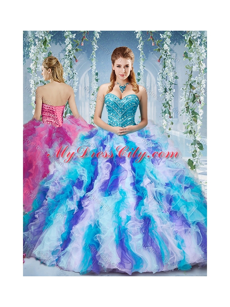 Gorgeous Rainbow Colored Big Puffy Unique Quinceanera Dress with Beading and Ruffles