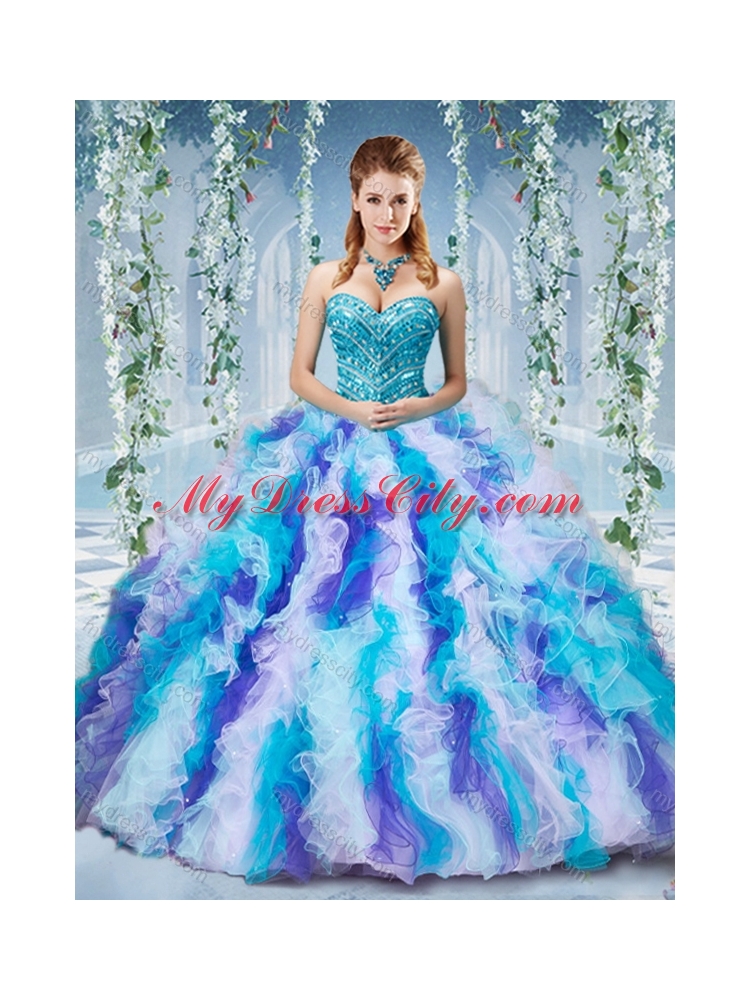 Gorgeous Rainbow Colored Big Puffy Unique Quinceanera Dress with Beading and Ruffles