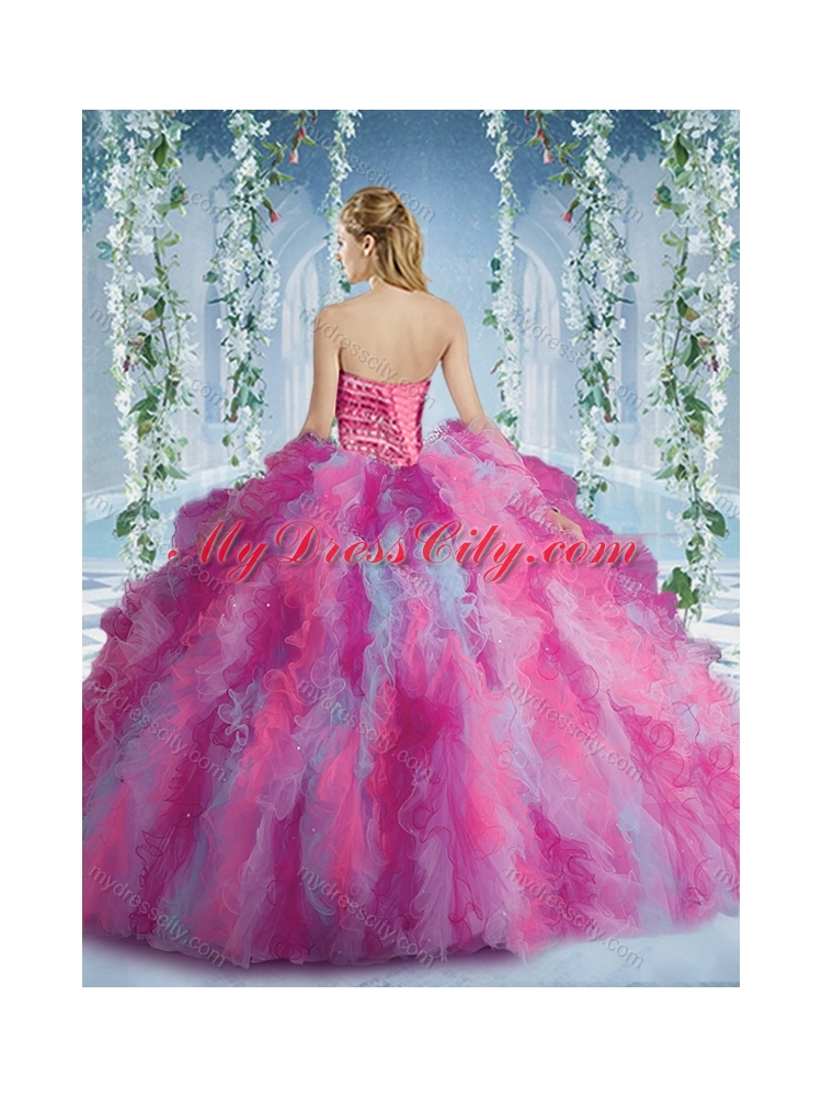 Gorgeous Rainbow Colored Big Puffy Unique Quinceanera Dress with Beading and Ruffles