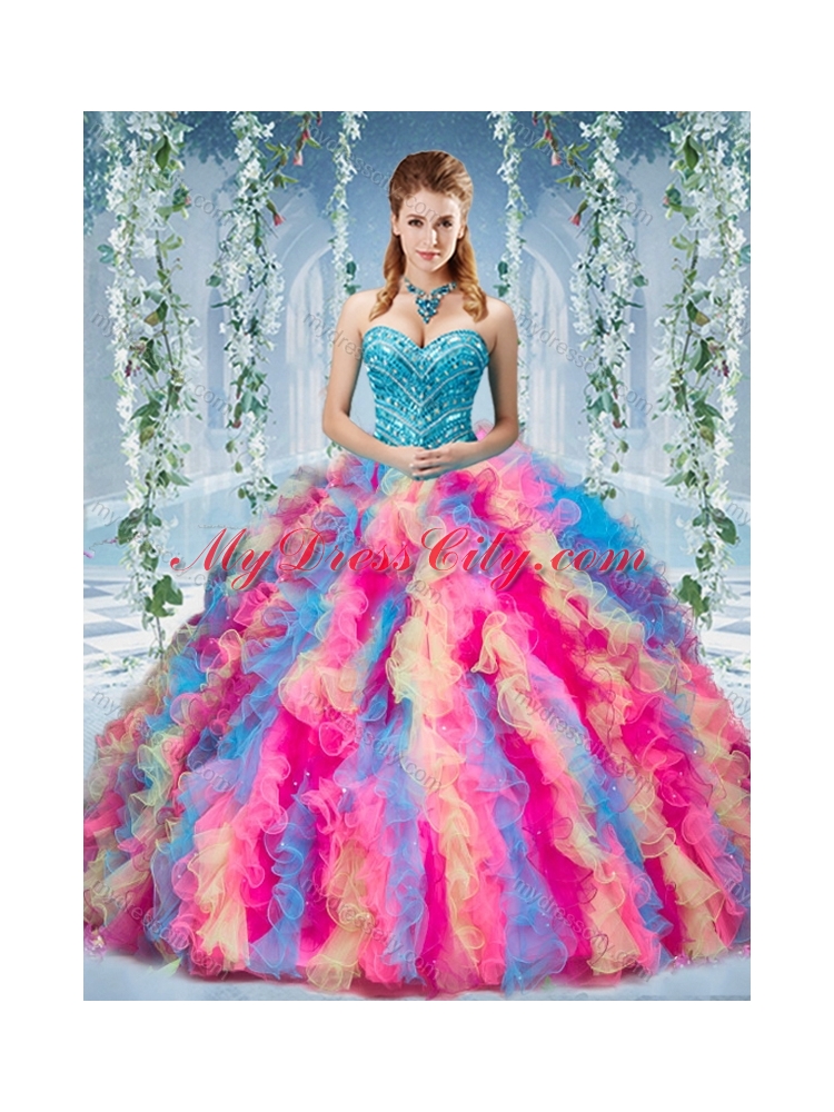 Gorgeous Rainbow Colored Big Puffy Unique Quinceanera Dress with Beading and Ruffles