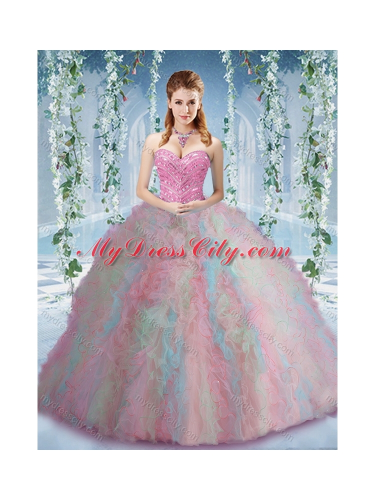 Gorgeous Rainbow Colored Big Puffy Unique Quinceanera Dress with Beading and Ruffles