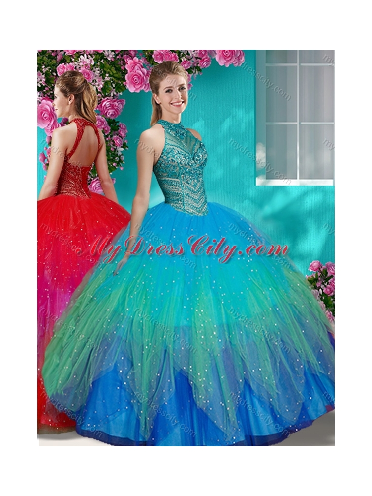 Luxurious See Through Halter Top Unique Quinceanera Dress with Beading and Appliques