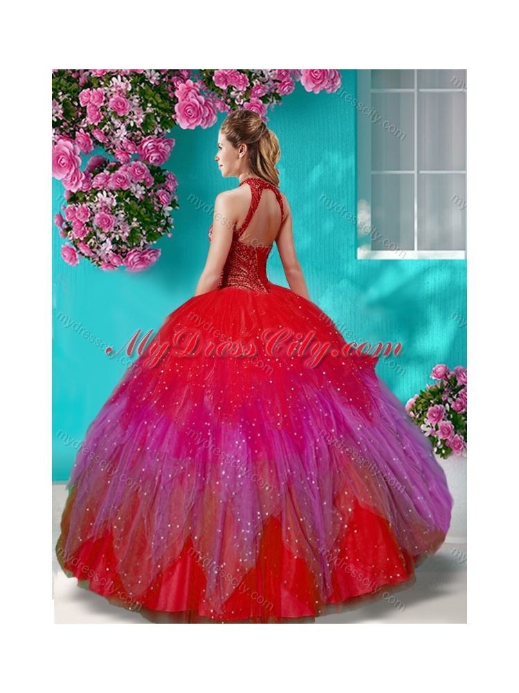 Luxurious See Through Halter Top Unique Quinceanera Dress with Beading and Appliques