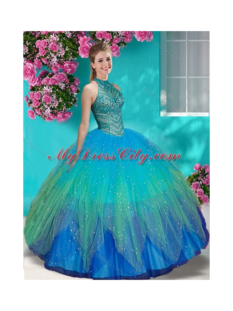 Luxurious See Through Halter Top Unique Quinceanera Dress with Beading and Appliques