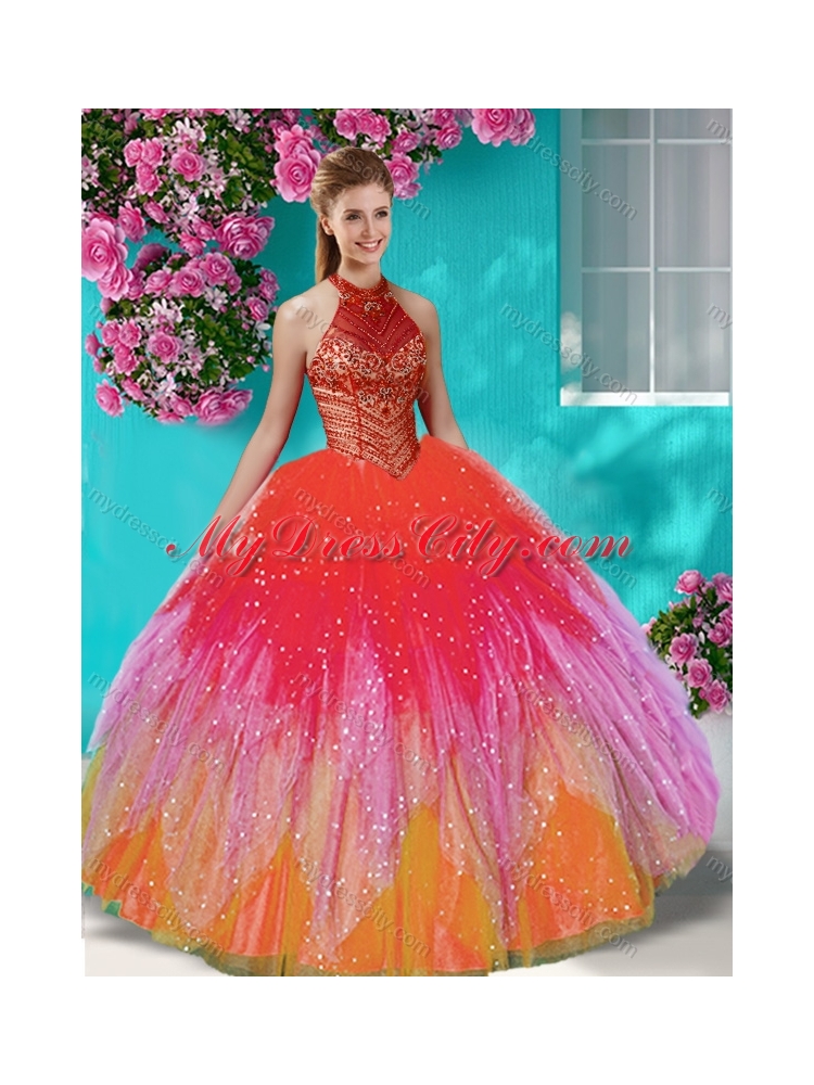 Luxurious See Through Halter Top Unique Quinceanera Dress with Beading and Appliques