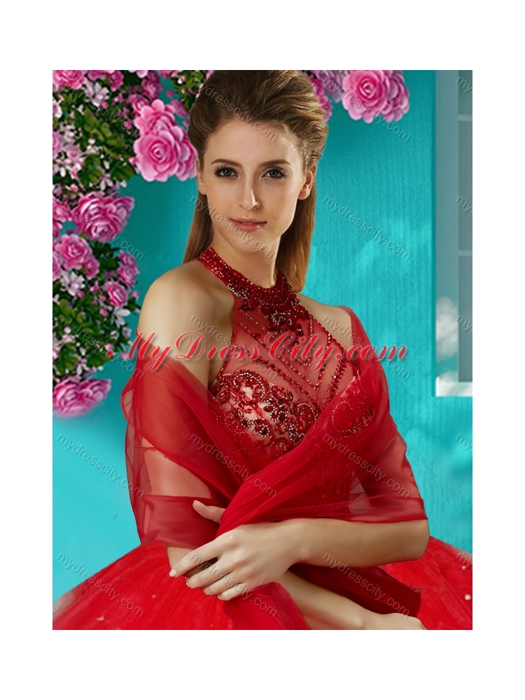 Luxurious See Through Halter Top Unique Quinceanera Dress with Beading and Appliques