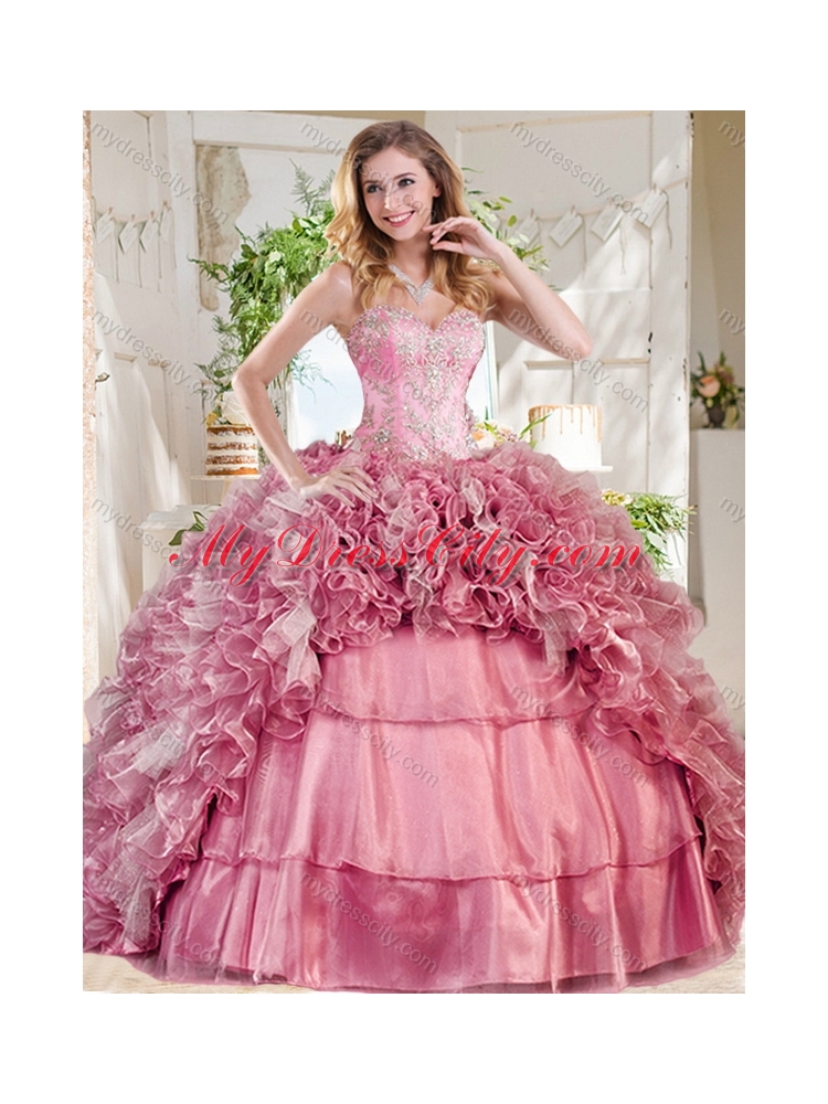 New Style Puffy Skirt Pink Pretty Quinceanera Dress with Beading and Ruffles