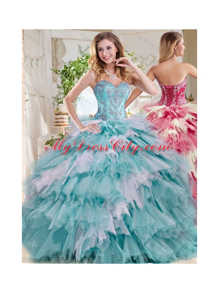 Popular Beaded and Ruffled Big Puffy Unique Quinceanera Dress in Blue and White