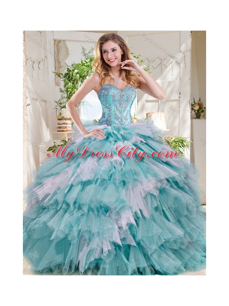 Popular Beaded and Ruffled Big Puffy Unique Quinceanera Dress in Blue and White