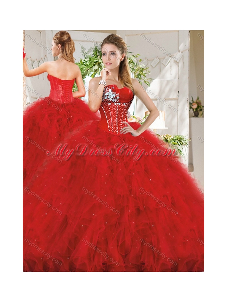 Popular Really Puffy Red Unique Quinceanera Dress with Beading and Ruffles