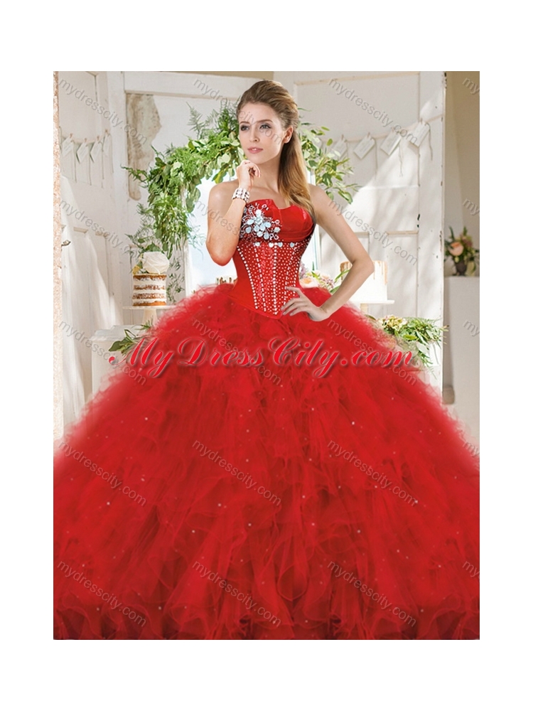 Popular Really Puffy Red Unique Quinceanera Dress with Beading and Ruffles