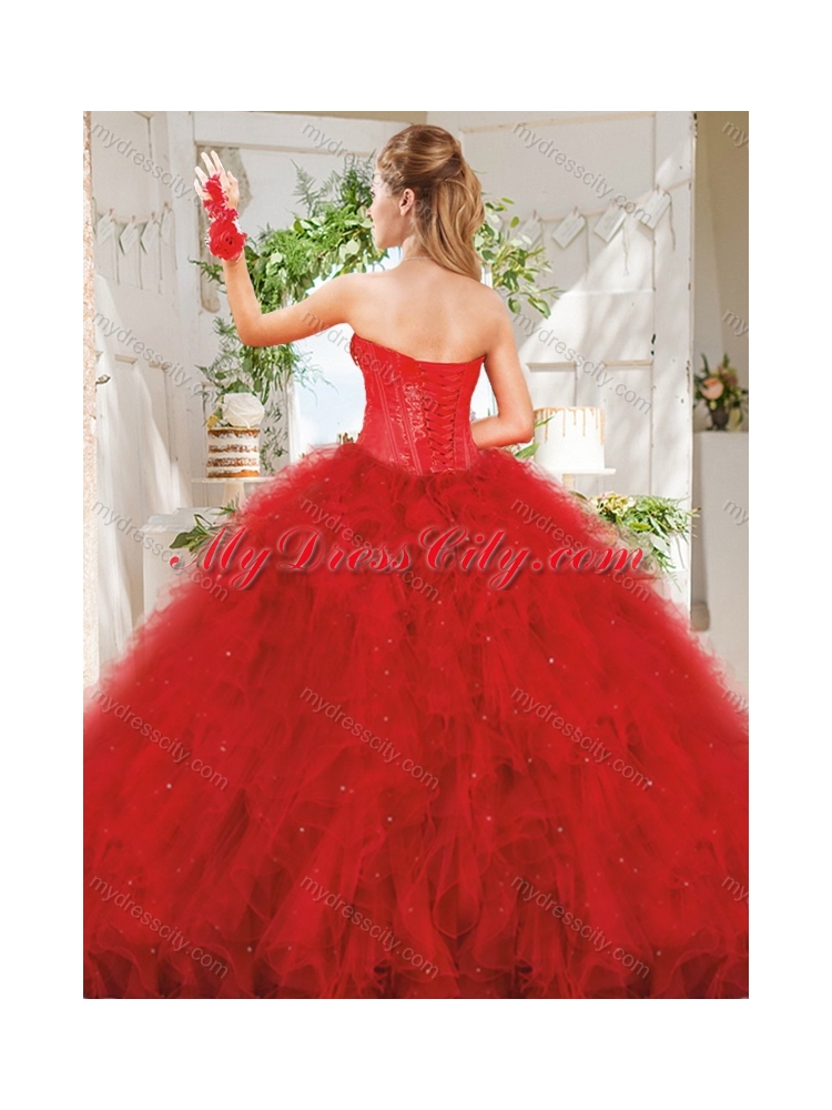 Popular Really Puffy Red Unique Quinceanera Dress with Beading and Ruffles