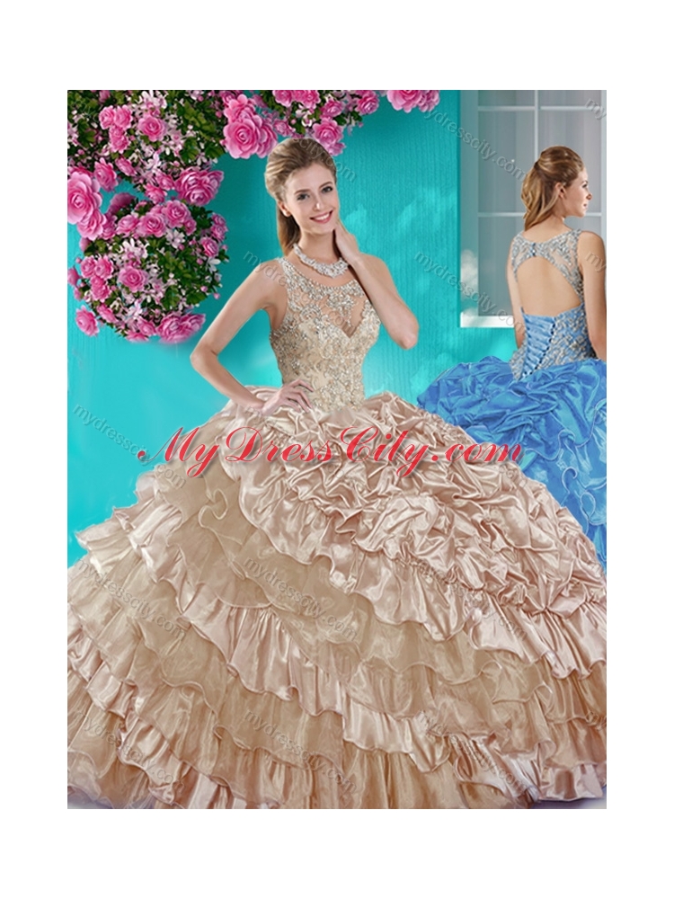 Ruffled Layers and Beaded Champagne Unique Quinceanera Dress in Organza and Taffeta