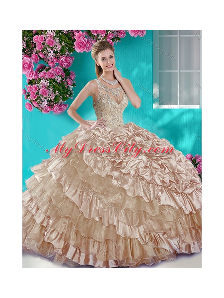 Ruffled Layers and Beaded Champagne Unique Quinceanera Dress in Organza and Taffeta