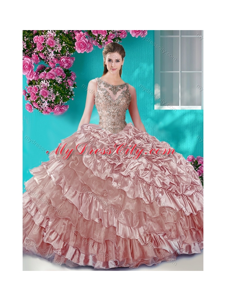 Ruffled Layers and Beaded Champagne Unique Quinceanera Dress in Organza and Taffeta