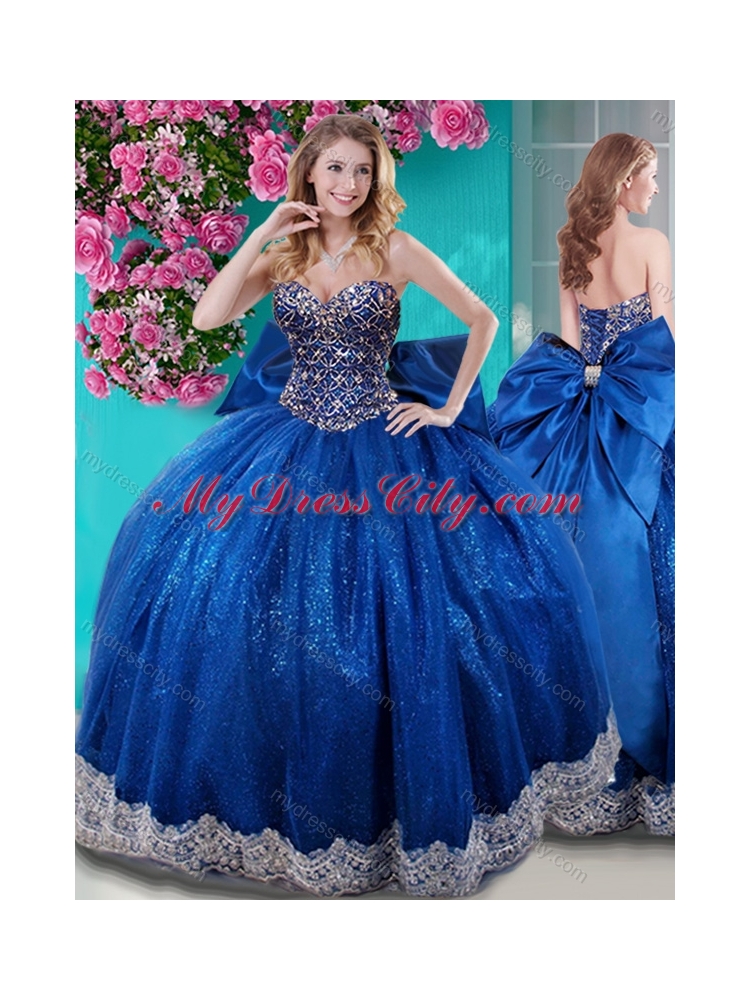 Unique Ball Gown Sequins Bowknot and Beaded Royal Blue Unique Quinceanera Dress with Sweetheart