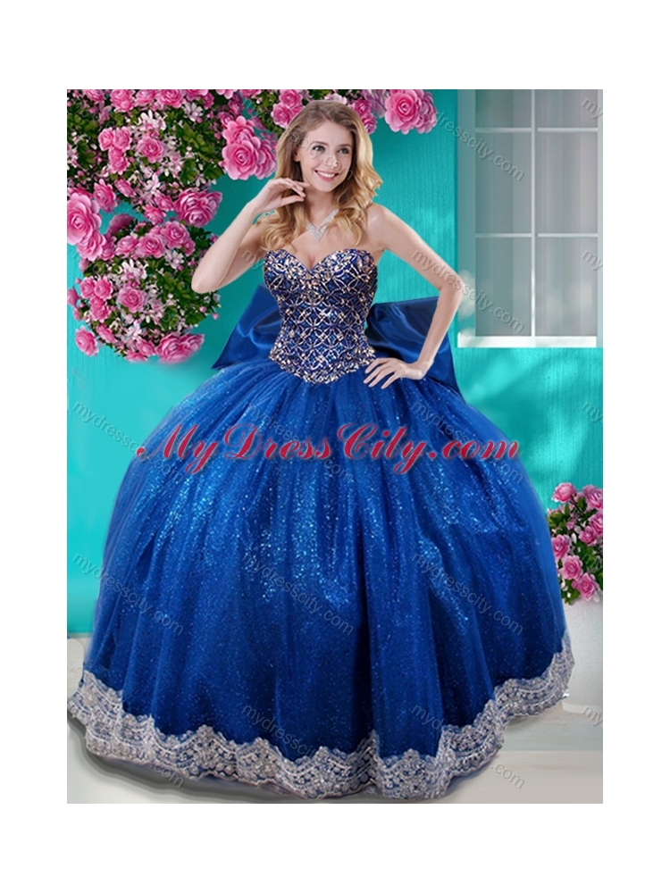 Unique Ball Gown Sequins Bowknot and Beaded Royal Blue Unique Quinceanera Dress with Sweetheart